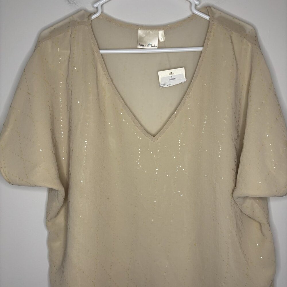 KAYA di KOKO NEW V-Neck Sparkle Short Sleeve Shirt Womens L Tan Sheer Lined Boxy